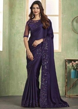 Purple Embroidered Saree In Silk