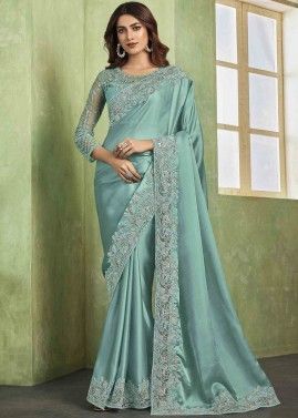 Blue Embroidered Saree In Chiffon