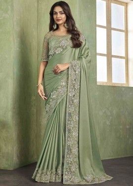 Green Embroidered Saree In Silk