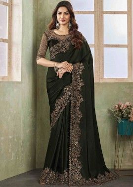 Green Embroidered Saree In Chiffon