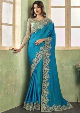 Blue Embroidered Saree In Silk