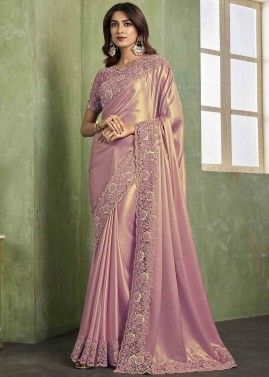 Pink Embroidered Saree In Satin