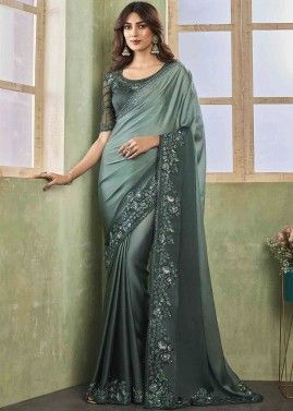 Grey Embroidered Saree In Silk