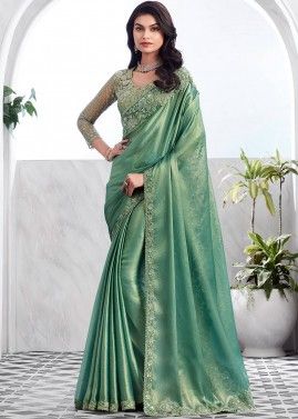Green Thread Embroidered Shimmer Saree
