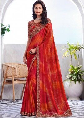Shaded Red Embroidered Saree In Shimmer