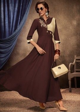 Readymade Brown Embroidered Flared Dress