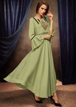 Green Embroidered Readymade Bell Sleeved Dress