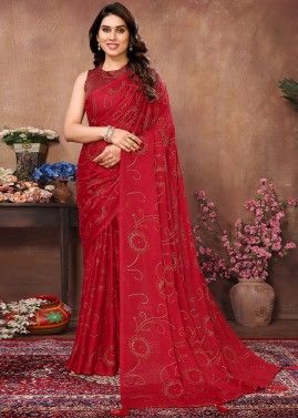 Red Satin Silk Saree In Stone Embellishment