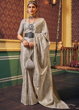 Grey Woven Work Saree In Cotton Silk
