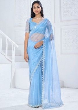 Blue Embellished Saree In Organza