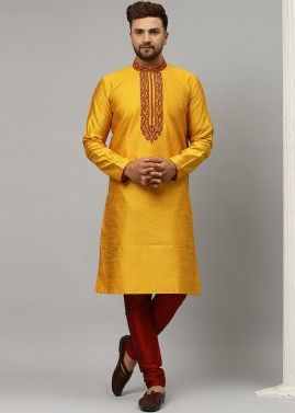 Yellow Embroidered Readymade Kurta Pyjama For Men