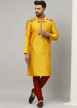 Yellow Silk Readymade Mens Kurta & Pajama
