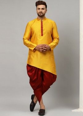 Yellow Readymade Asymmetric Mens Kurta With Dhoti