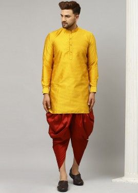 Plain Yellow Readymade Mens Dhoti Kurta In Silk