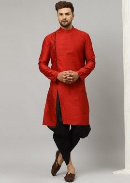 Angrakha Style Mens Maroon Dhoti Kurta In Silk
