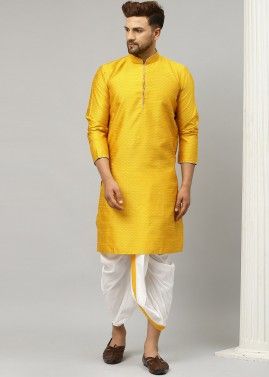 Readymade Mens Silk Dhoti Kurta In Yellow