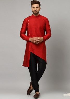 Maroon Angrakha Style Readymade Mens Kurta Pyjama
