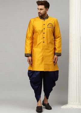 Yellow Embroidered Mens Sherwani With Silk Dhoti