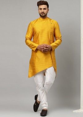 Asymmetric Yellow Readymade Kurta Pyjama For Men