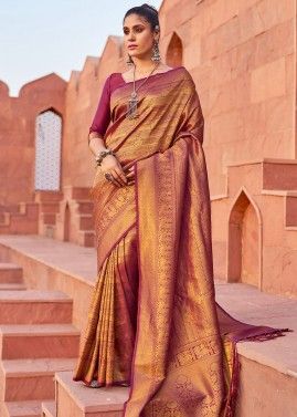 Magenta Woven Saree With Blouse