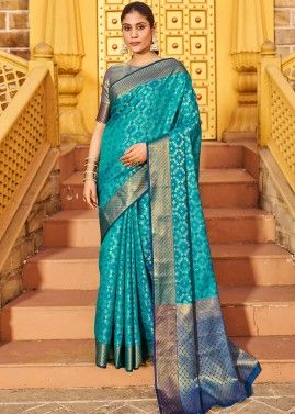 Turquoise Zari Woven Saree In Art Silk