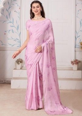 Pink Digital Printed Saree In Satin
