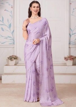 Purple Digital Printed Saree In Satin