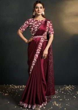 Maroon Readymade Embroidered Saree In Satin