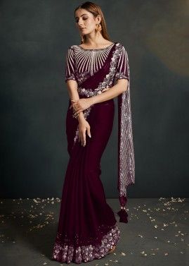 Wine Readymade Embroidered Saree & Blouse
