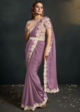 Lavender Readymade Embroidered Saree In Organza