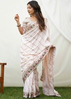 Off-White Embroidered Saree In Art Silk