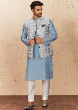 Blue Readymade Kurta Pyjama With Nehru Jacket