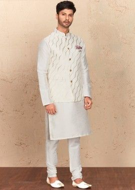 Silk Readymade White Kurta Set With Jacket