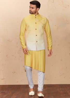 Yellow Asymmetric Readymade Kurta Churidaar With Jacket