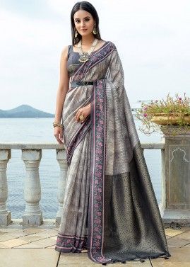 Grey Zari Woven Saree In Art Silk
