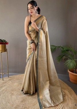 Beige Woven Saree In Silk