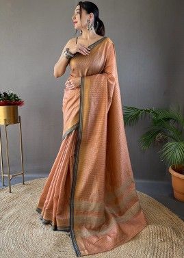 Peach Woven Saree In Silk