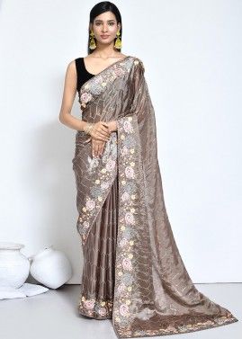 Brown Embroidered Saree In Satin 
