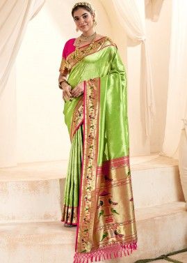 Bright Green Zari Woven Saree In Tissue Silk