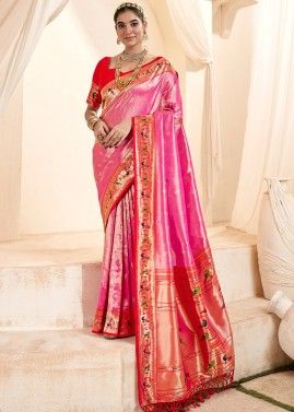 Pink Zari Woven Tissue Silk Saree & Blouse