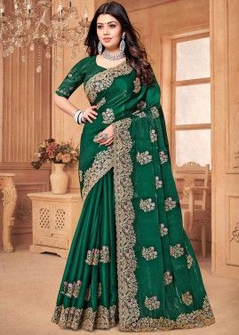 Bottle Green Embroidered Saree In Heavy Border