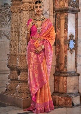 Orange Zari Woven Saree In Silk