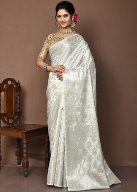 White Woven Saree In Silk