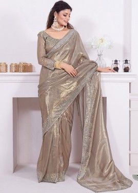 Light Brown Stone Embellished Saree In Net