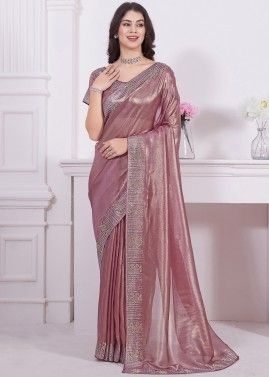 Stone Embellished Net Saree In Rosy Brown 