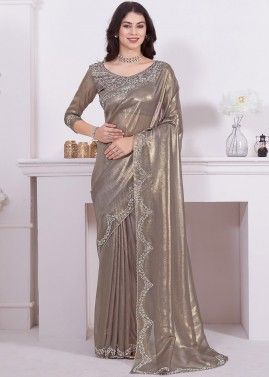 Brown Stone Embellished Saree In Net