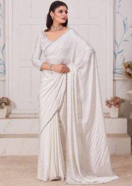 White Stone Embellished Saree In Satin 