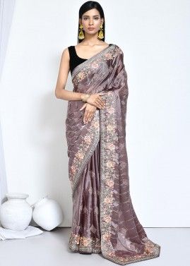 Light Brown Satin Saree In Thread Embroidery