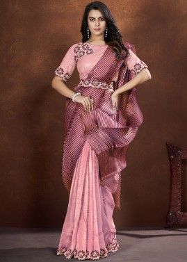 Rough Pink Ruffle Saree In Satin Silk