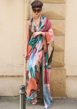 Multicolor Printed Saree In Satin